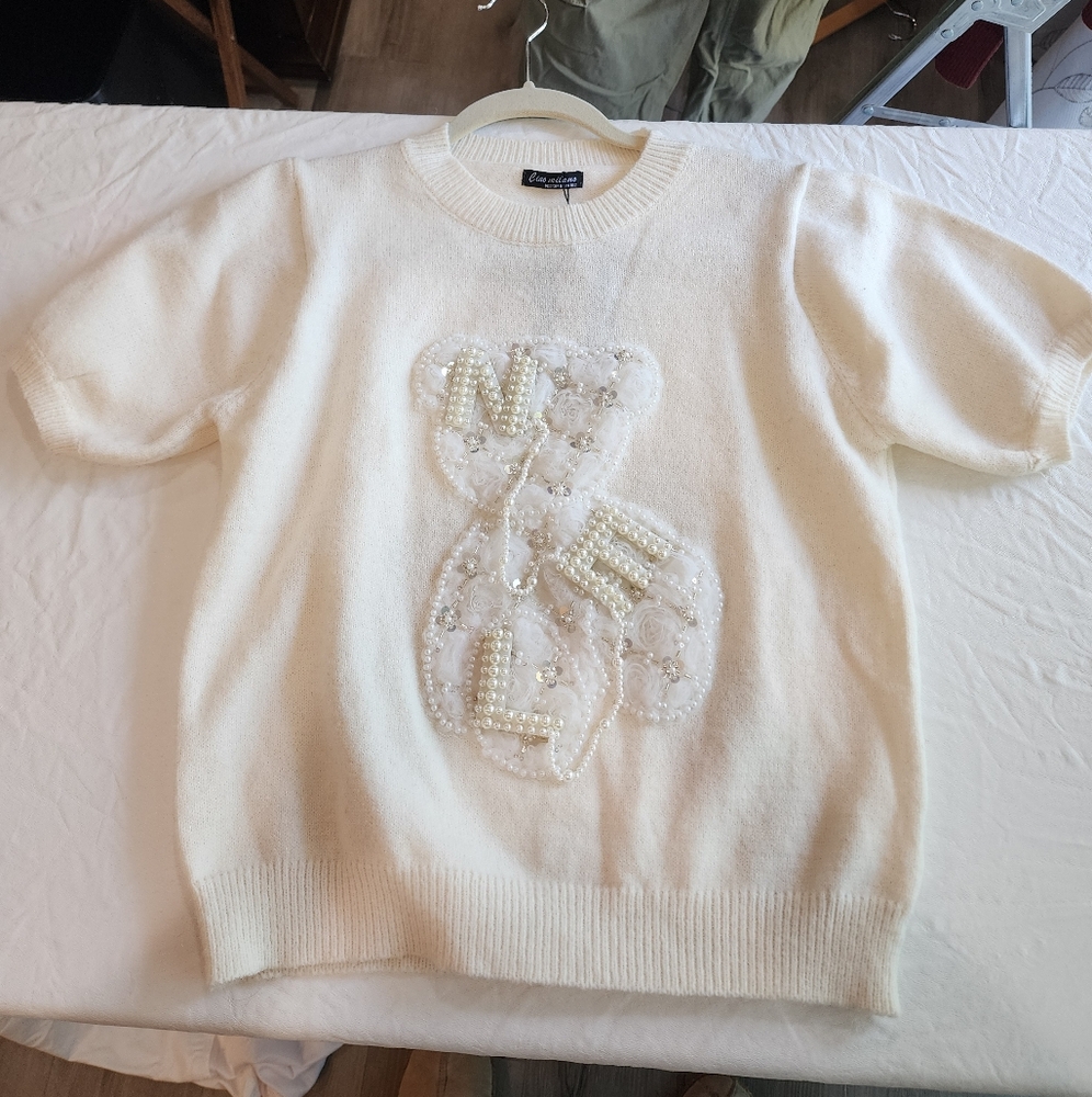 WOMEN'S Feminine Pearl Embellished Blouse, TEDDY BEAR AND PEARLS  MADE IN PARIS